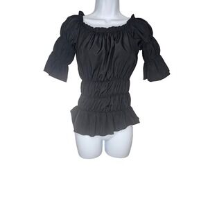 Black Puff Sleeve Smocked Waist Peplum Top Romantic Boho Milkmaid Top Festival